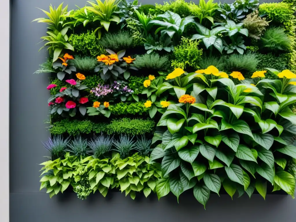 Un jardín vertical moderno con plantas exuberantes en un diseño geométrico, iluminado por luz natural