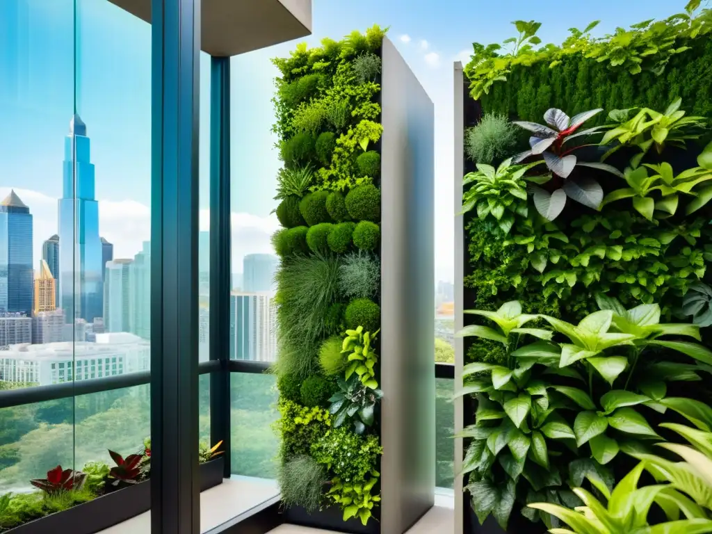 Un jardín vertical moderno con plantas exuberantes en estructura multitiered