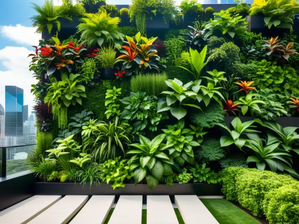 Un jardín vertical moderno con plantas exuberantes y beneficios psicológicos huertos verticales urbanos en contraste con edificios de la ciudad