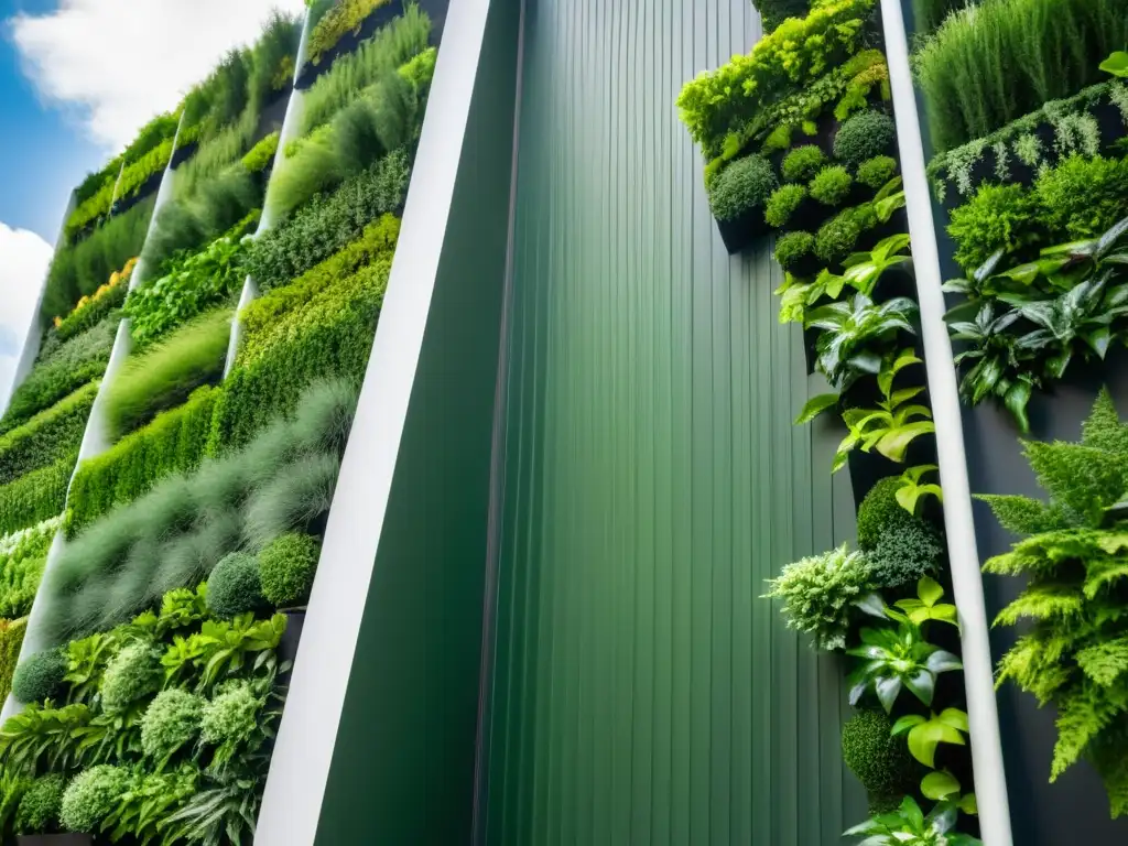 Un jardín vertical moderno con plantas exuberantes, texturas y sombras verdes, evocando armonía y beneficios terapéuticos de huertos verticales