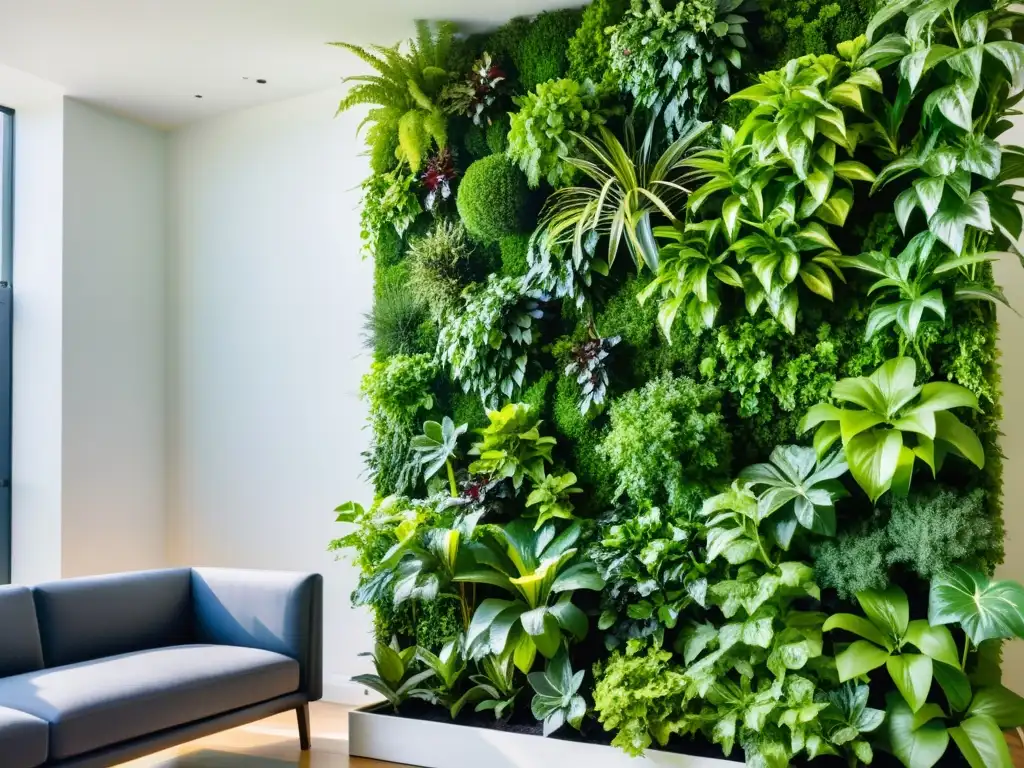 Un jardín vertical moderno con plantas exuberantes en un diseño geométrico