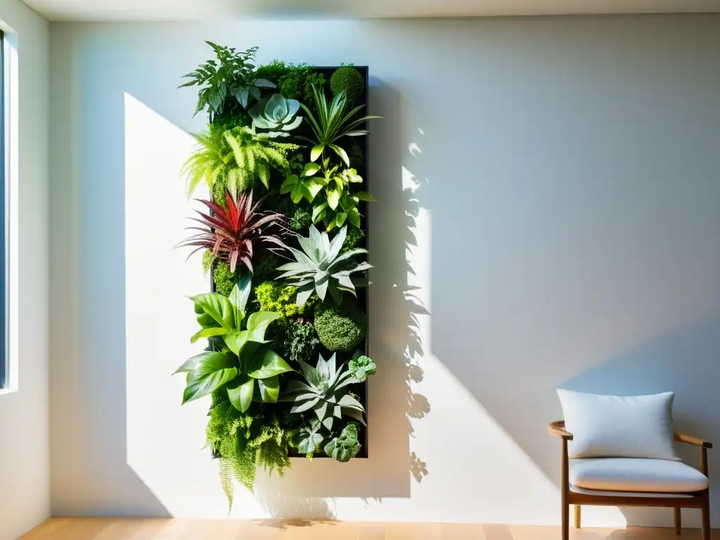 Un jardín vertical moderno con plantas exuberantes en un patrón geométrico