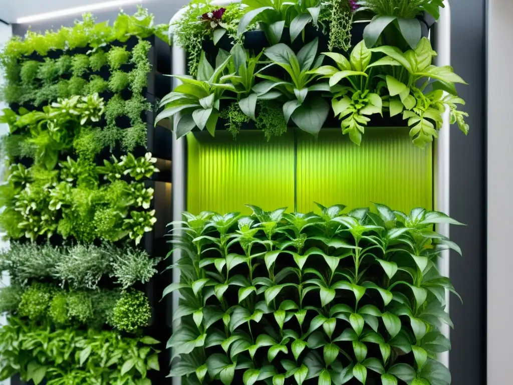 Un jardín vertical moderno con plantas exuberantes en un diseño futurista