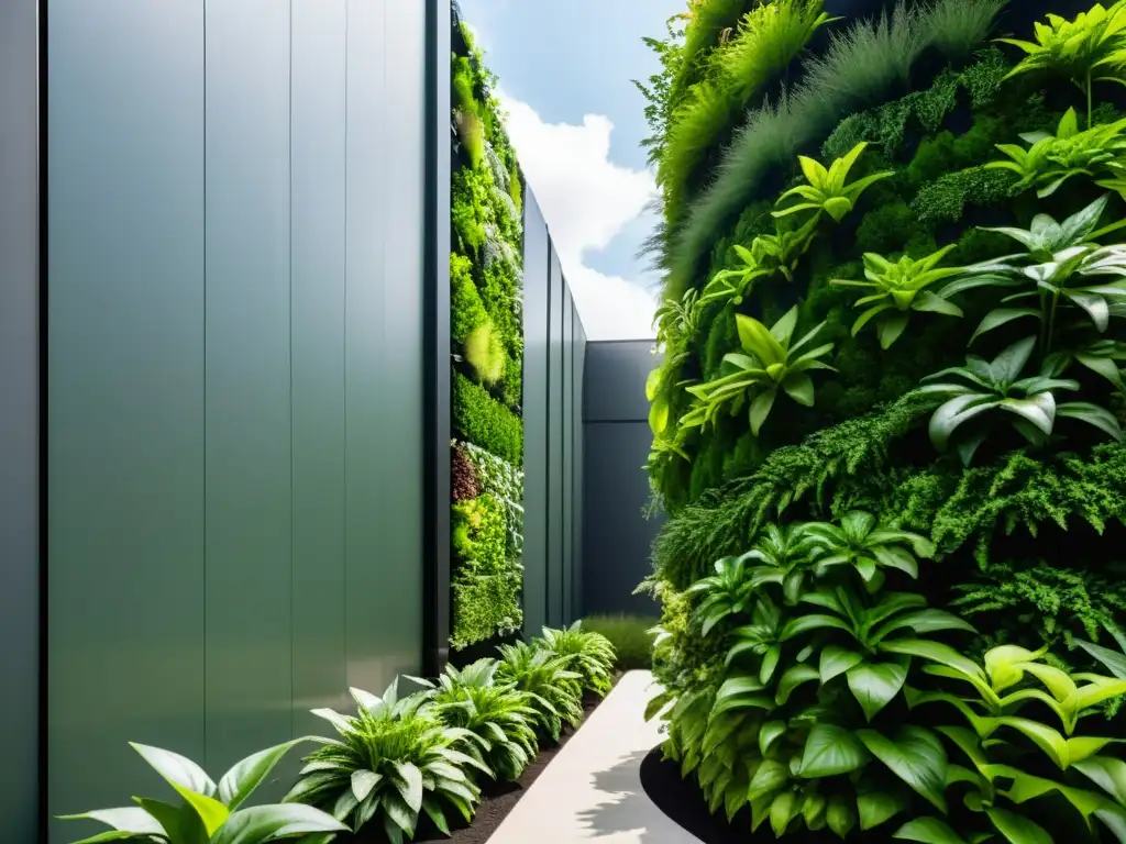 Jardín vertical moderno con óptima irrigación y plantas exuberantes