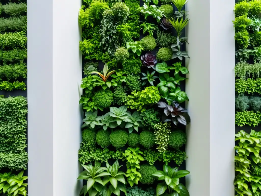 Un jardín vertical moderno con plantas exuberantes en estructura geométrica blanca, destacando huertos verticales para agricultura urbana