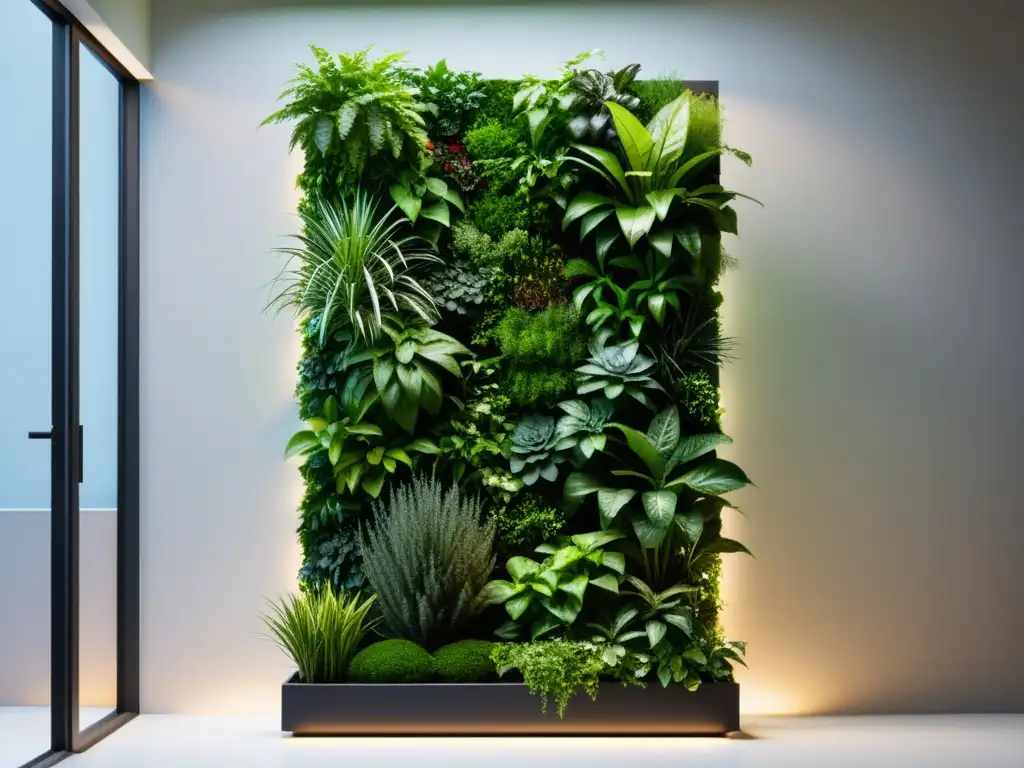 Un jardín vertical moderno con plantas exuberantes iluminadas por luces LED cálidas, ideal para espacios con poca luz natural