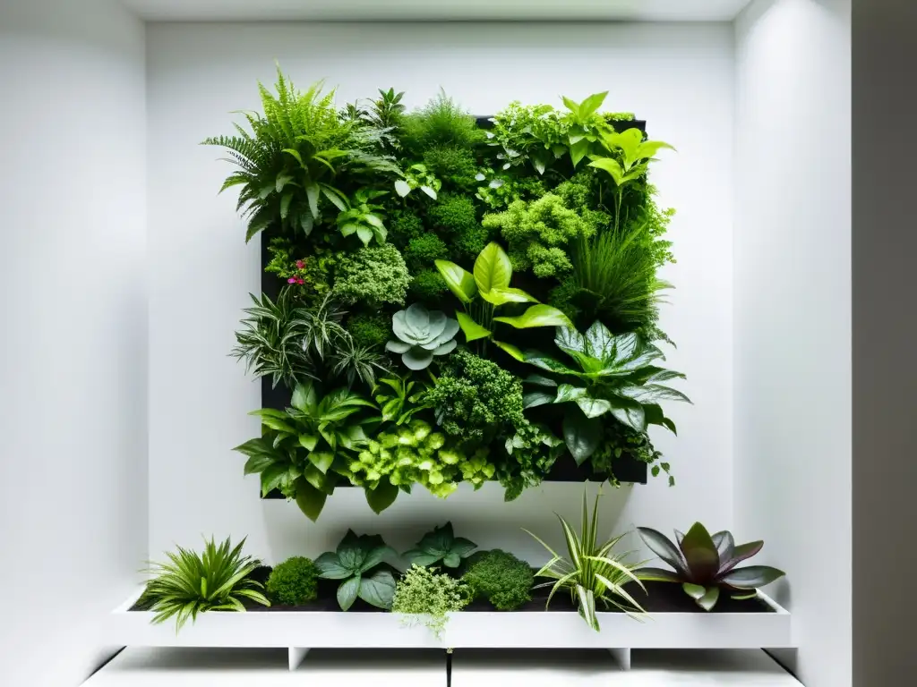 Un jardín vertical moderno con plantas exuberantes en un diseño geométrico, ofreciendo beneficios terapéuticos huertos verticales