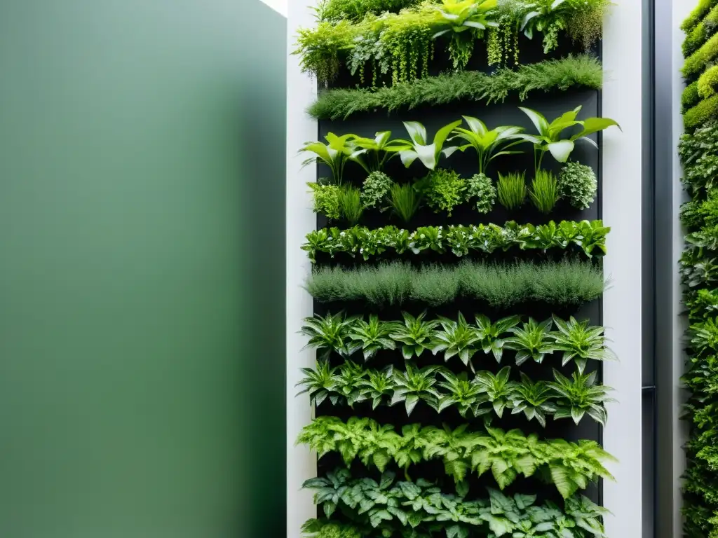 Un jardín vertical moderno con plantas exuberantes creciendo en una estructura escalonada, mostrando un entrenamiento meticuloso para crecer vertical