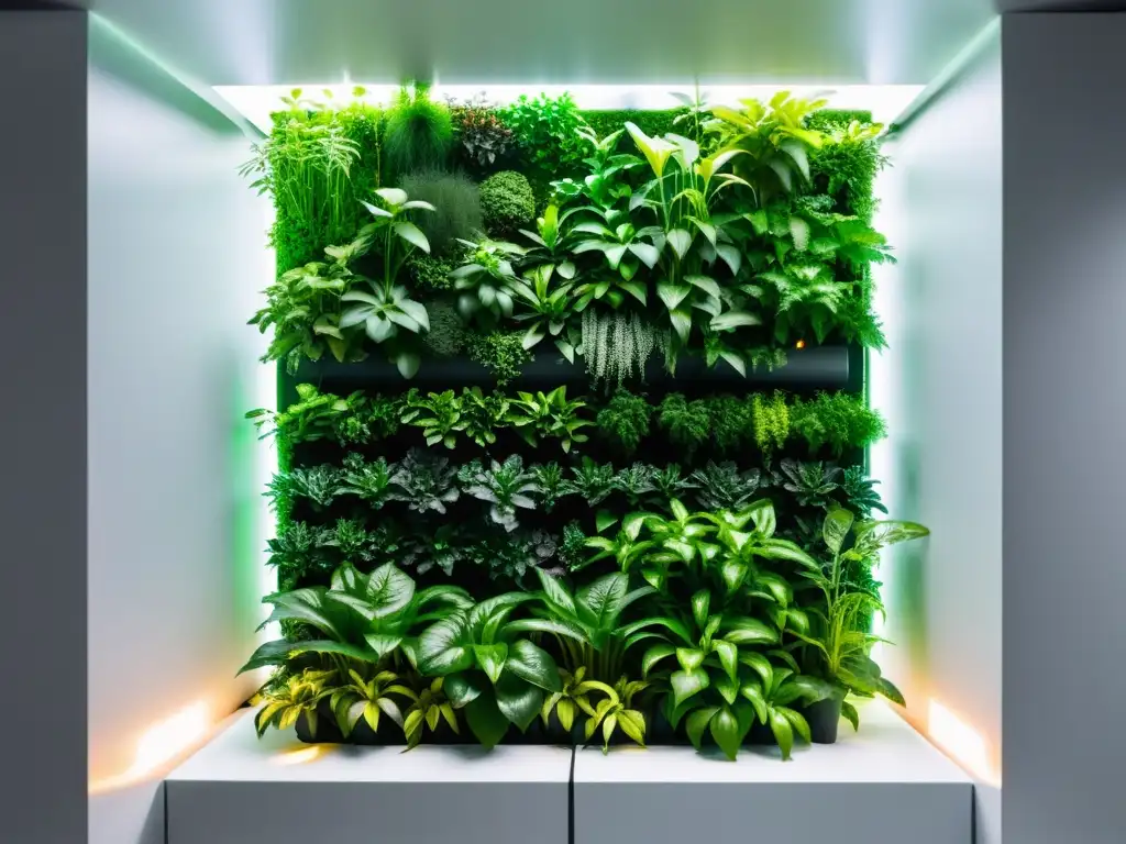 Un jardín vertical moderno con plantas exuberantes, integrado con apps y gadgets para jardín vertical en un entorno hightech y minimalista