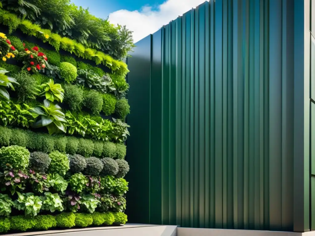 Un jardín vertical moderno con plantas exuberantes en niveles apilados, reflejando técnicas de siembra en huertos verticales eficientes