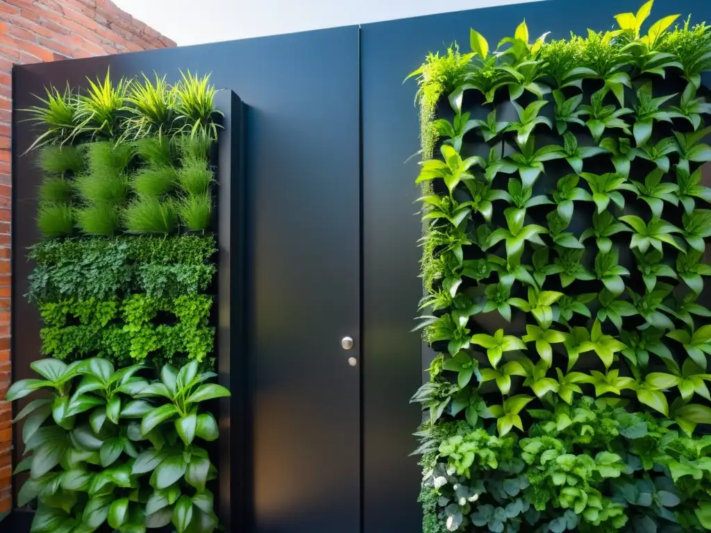 Un jardín vertical moderno con plantas ideales para cultivos verticales, enmarcado en metal negro, con riego incorporado y hermosos detalles