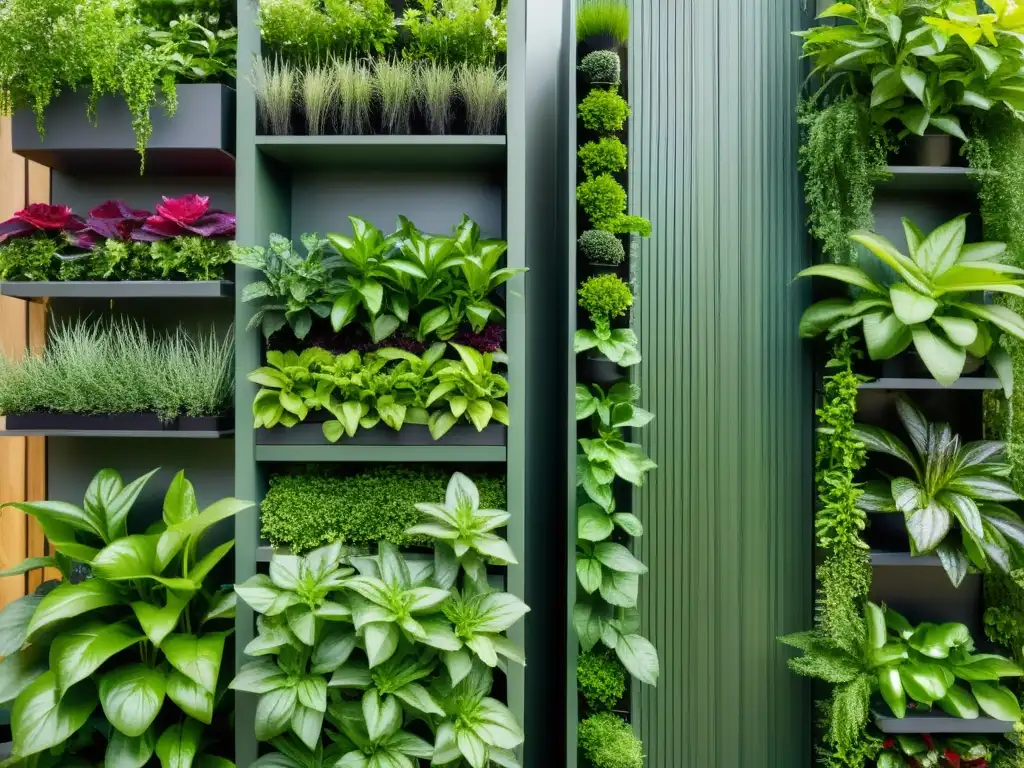 Un jardín vertical moderno con plantas prósperas y vibrantes, que muestra técnicas de siembra en huertos verticales eficientes