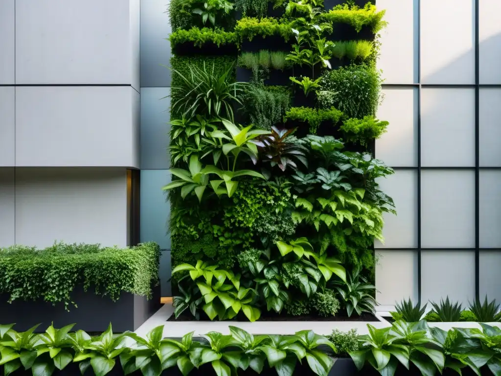 Un jardín vertical moderno con plantas verdes exuberantes, ofrece beneficios terapéuticos huertos verticales en un entorno urbano contemporáneo