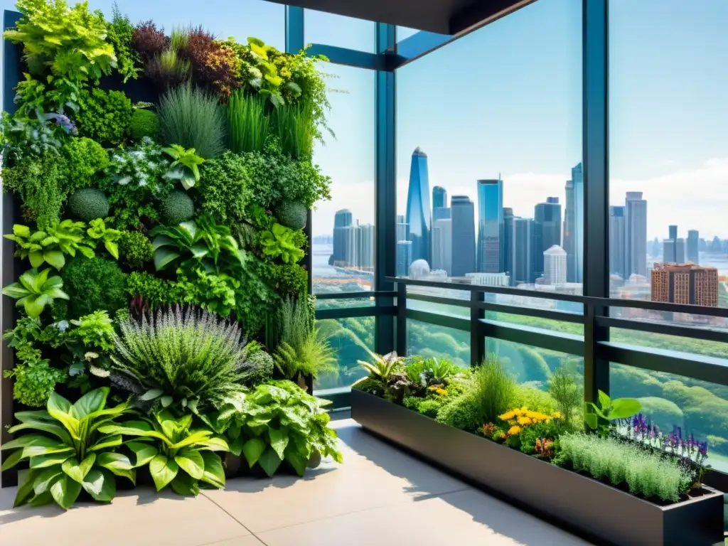 Un jardín vertical moderno con plantas verdes exuberantes en la ciudad