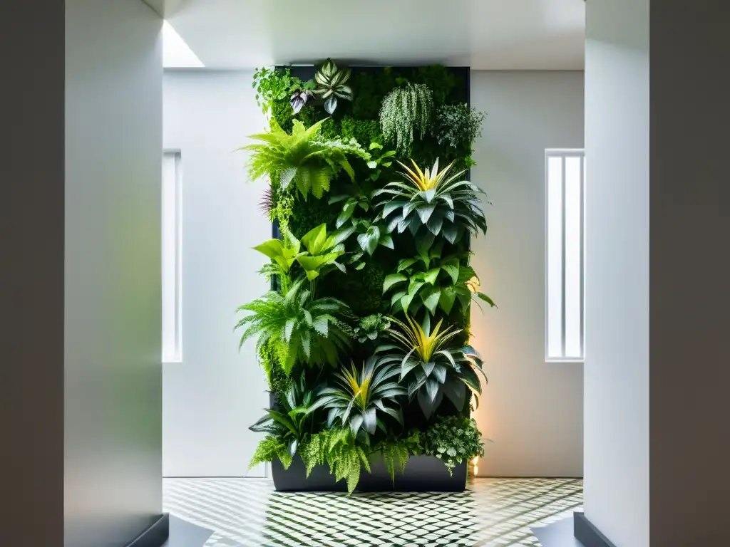 Jardín vertical moderno: diseño eficiente y visualmente impactante Un jardín vertical moderno con plantas verdes exuberantes en una estructura escalonada, creando un diseño eficiente y visualmente impactante