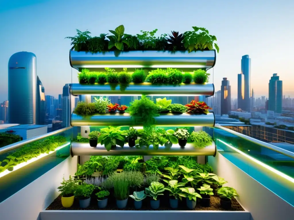 Jardín vertical moderno con plantas verdes exuberantes y sistema acuapónico, en exposiciones universales agricultura urbana