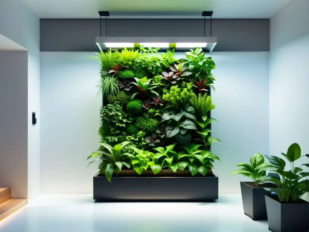 Jardín vertical interior acuaponía: Moderno jardín con plantas verdes en sistema innovador, integrado en espacio contemporáneo