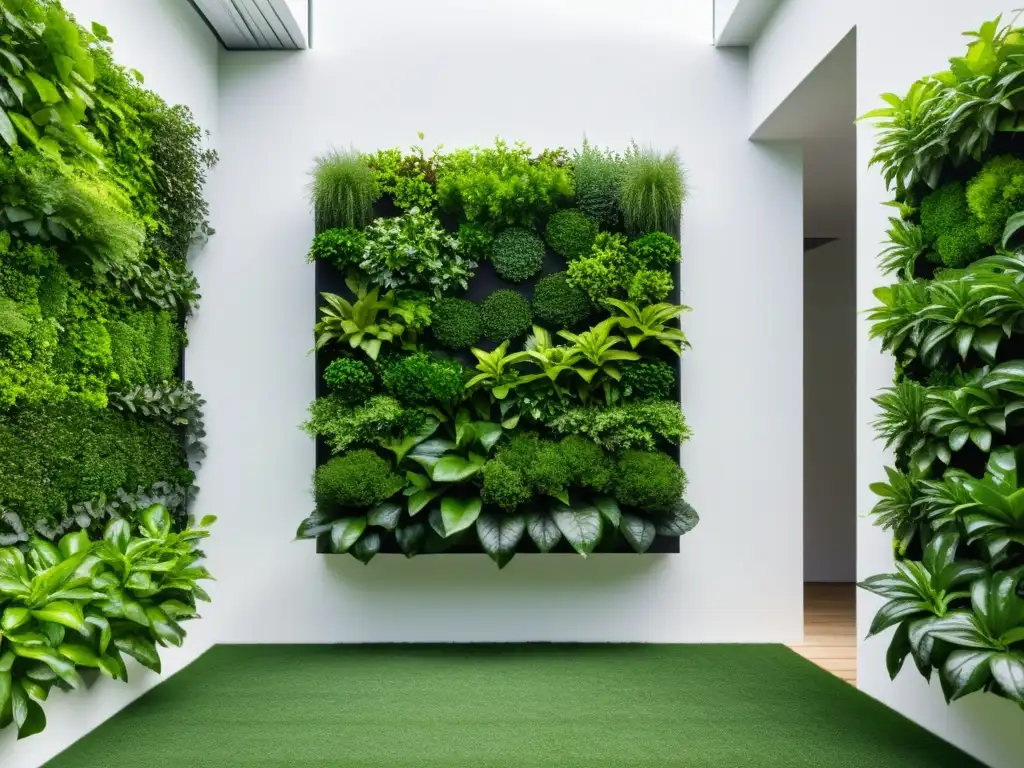 Jardín vertical moderno con plantas vibrantes y sistemas de riego inteligente