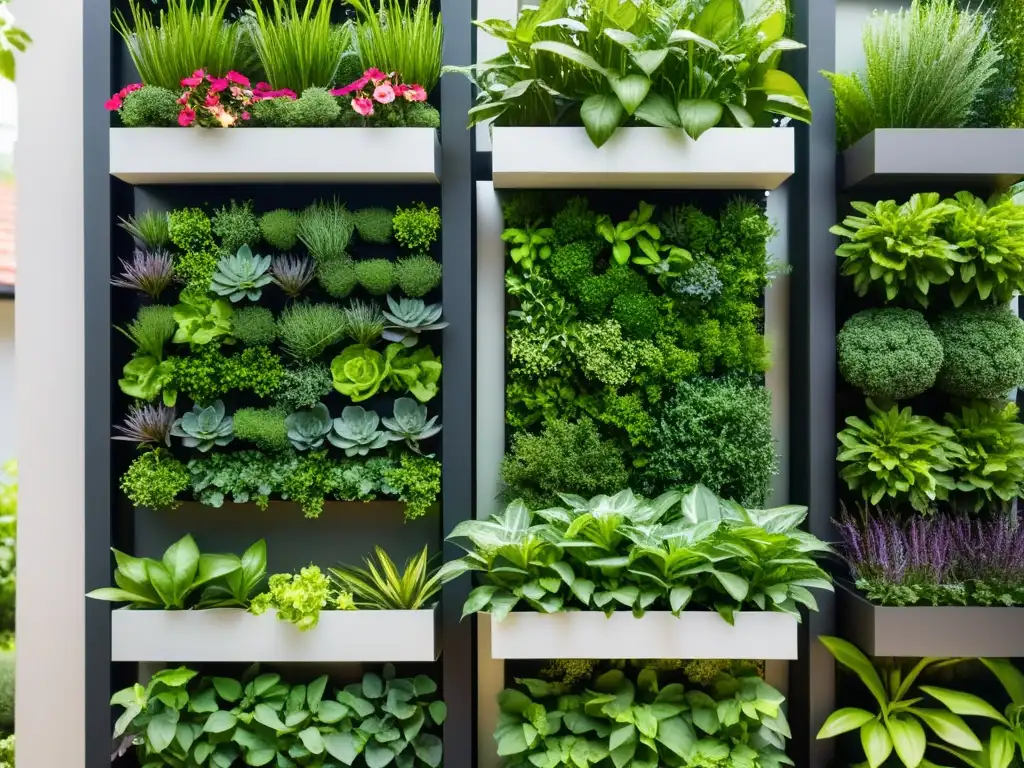 Un jardín vertical moderno con plantas vibrantes y estructura modular, ideal para la selección de plantas para huerto vertical