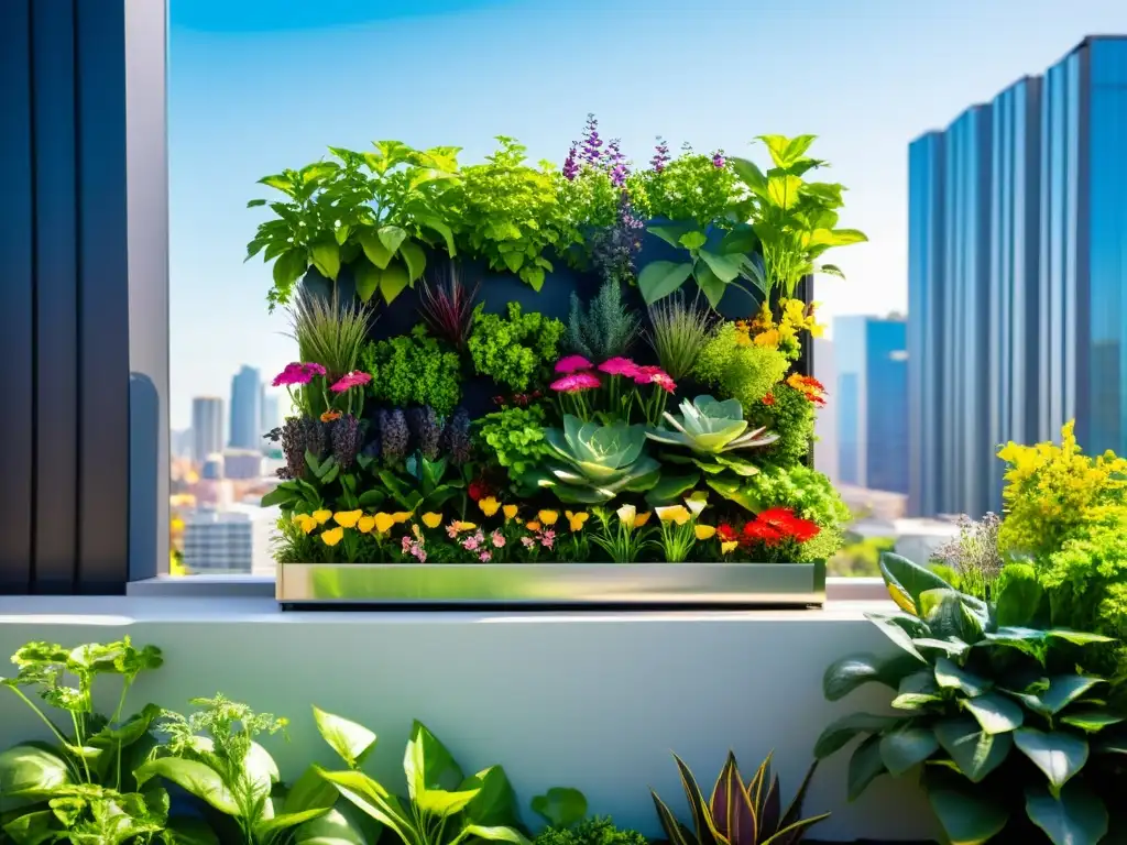 Un jardín vertical moderno con plantas vibrantes y flores en una estructura metálica, integrando naturaleza en la ciudad