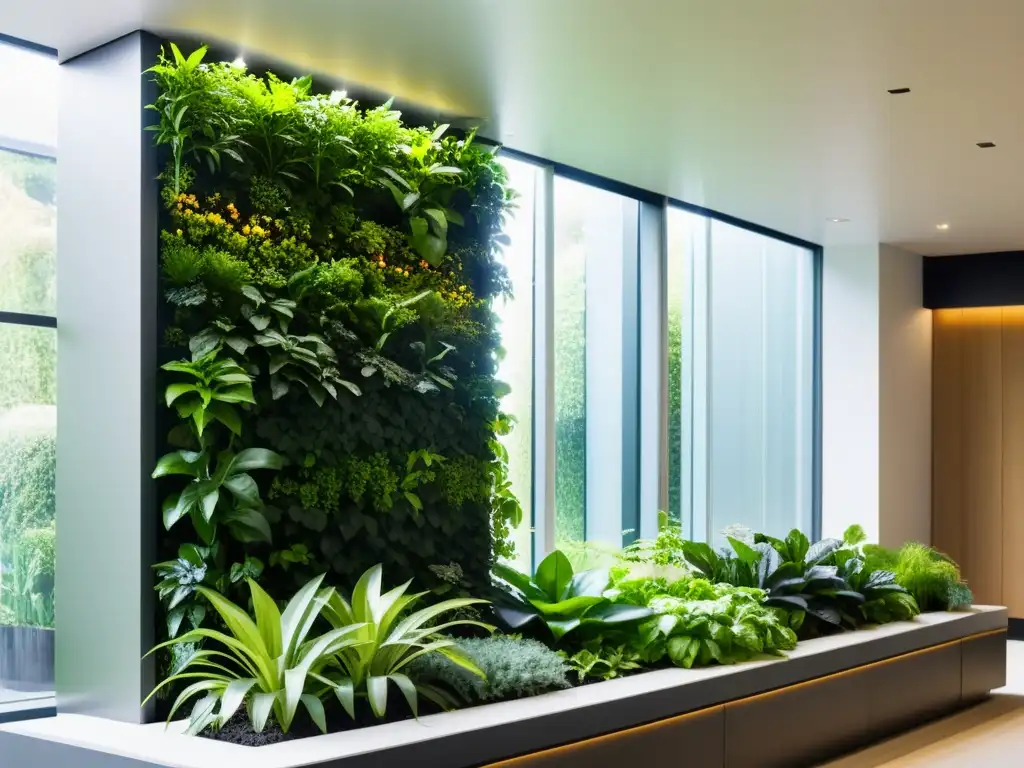 Un jardín vertical moderno con plantas vibrantes se extiende hacia la luz