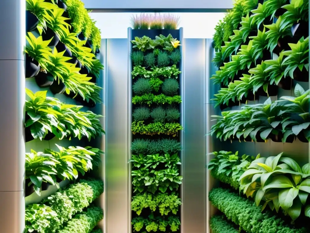 Un jardín vertical moderno con plantas vibrantes y sensores, integrando la automatización huertos verticales urbanos en un entorno urbano dinámico