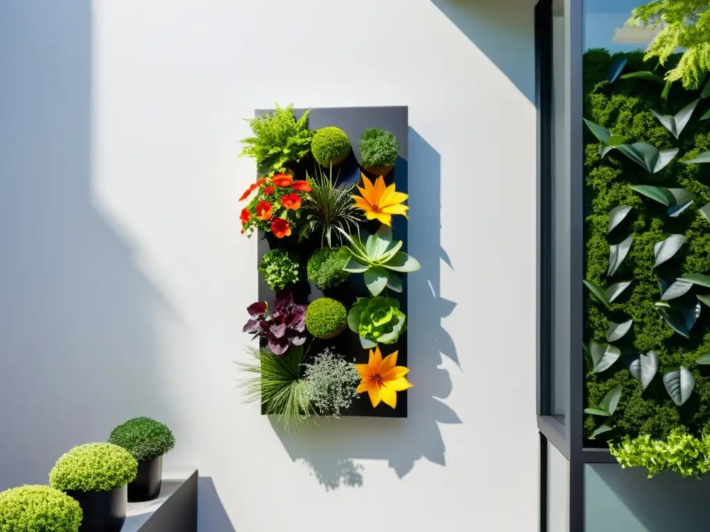 Un jardín vertical moderno con plantas vibrantes y flores coloridas en elegantes maceteros metálicos