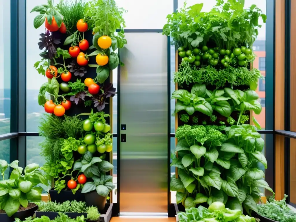 Un jardín vertical moderno rebosante de alimentos orgánicos, como tomates, lechuga y hierbas, en un entorno urbano contemporáneo