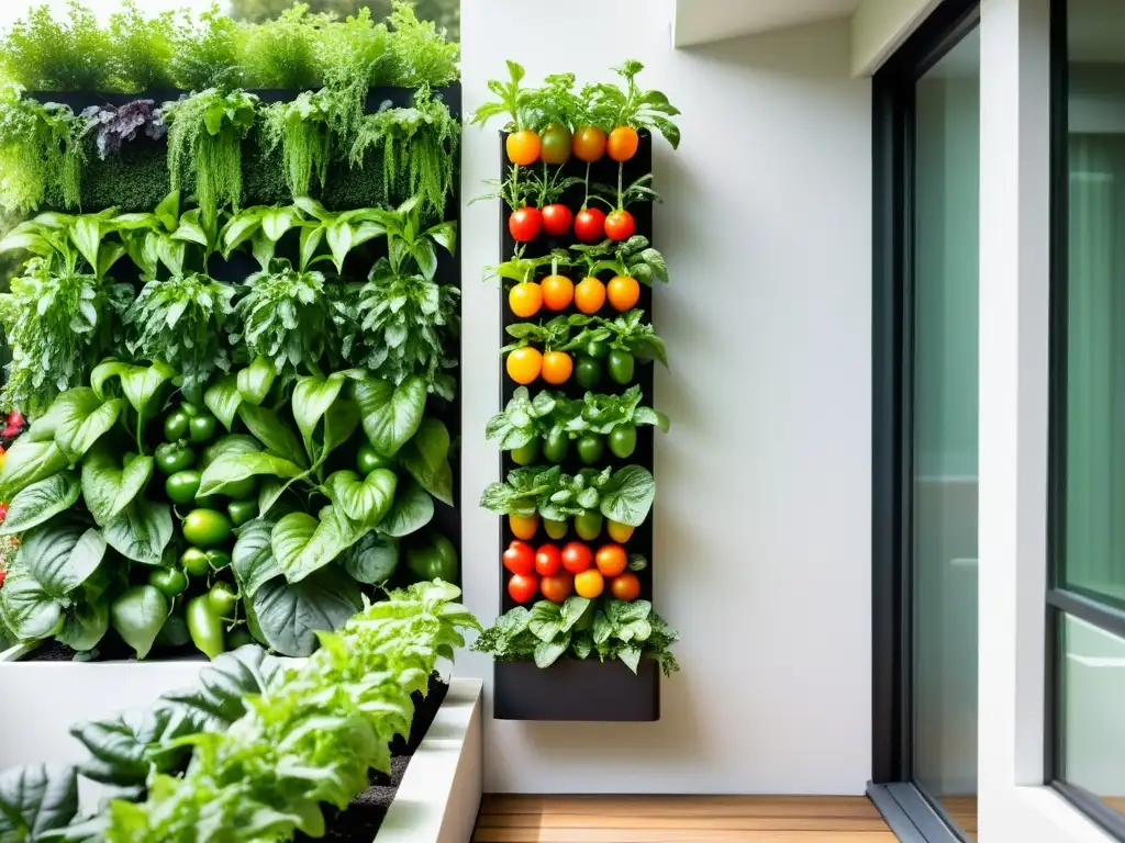 Un jardín vertical moderno rebosante de hortalizas vibrantes y saludables