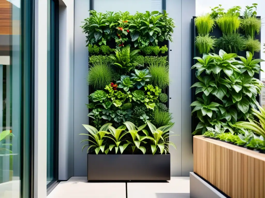 Un jardín vertical moderno con riego inteligente en huertos verticales, integrando tecnología y naturaleza en un entorno urbano vibrante