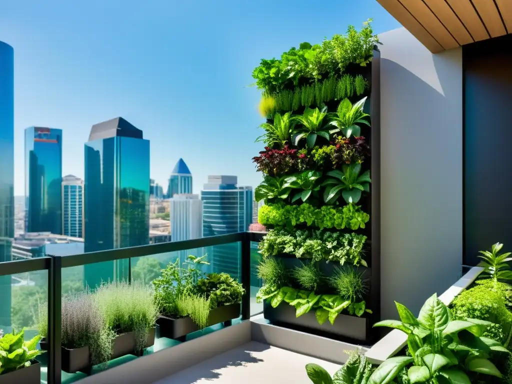 Un jardín vertical moderno con riego inteligente en huertos verticales, exuberante vegetación y distribución automatizada de agua