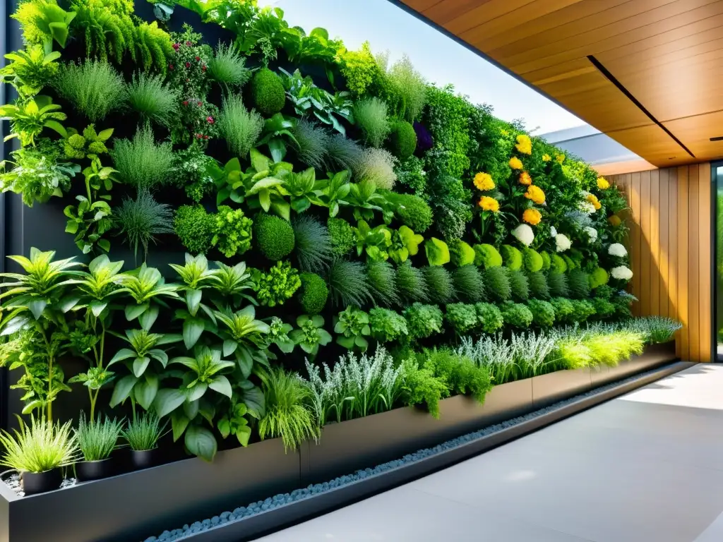 Jardín vertical moderno con sistema de riego innovador Un jardín vertical moderno con riego sostenible, exuberante y colorido, que irradia innovación y ecoamigabilidad