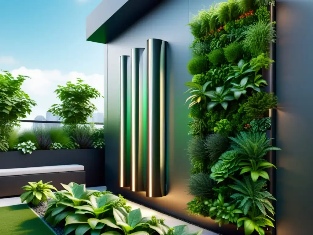 Un jardín vertical moderno con sensores para huertos verticales compactos, fusionando naturaleza y tecnología en un diseño innovador y sofisticado