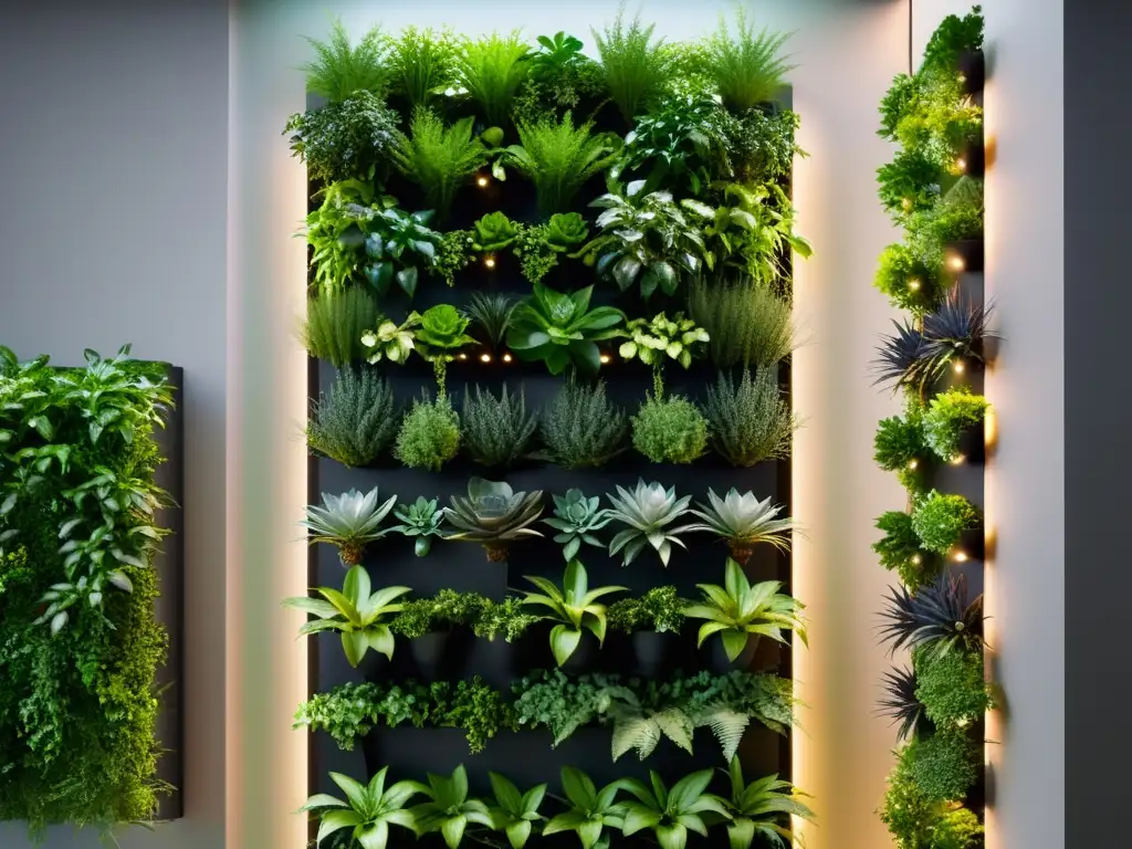 Un jardín vertical moderno con sensores de luz integrados ajustando la iluminación para optimizar el crecimiento de las plantas