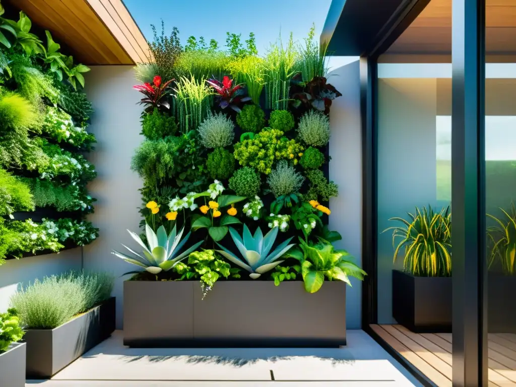 Un jardín vertical moderno con sistema de recolección de agua lluvia integrado, rebosante de vegetación exuberante y flores vibrantes