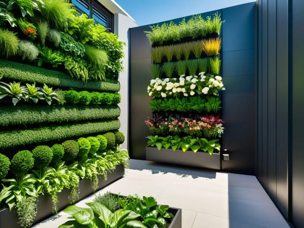 Un jardín vertical moderno con sistema de recolección de agua de lluvia integrado, exuberante y sostenible