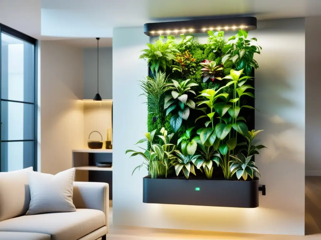 Un jardín vertical moderno con sistema de irrigación DIY y plantas vibrantes, iluminado suavemente