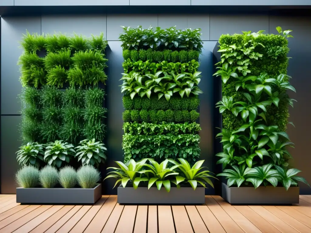 Un jardín vertical moderno con sistema de riego inteligente, destacando la tecnología avanzada