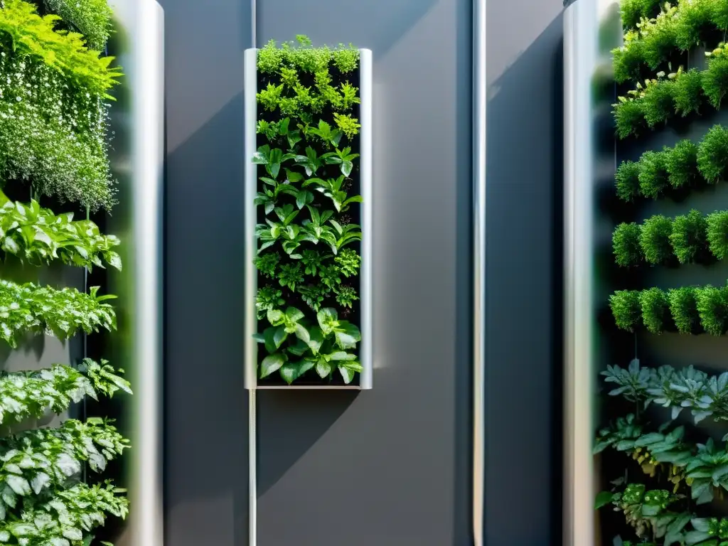 Un jardín vertical moderno con sistema de riego inteligente integrado, nutriendo plantas