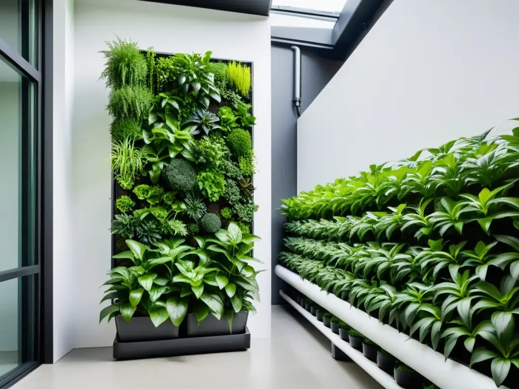 Un jardín vertical moderno con sistema de riego automatizado, plantas exuberantes en un patrón geométrico, fusionando tecnología y naturaleza