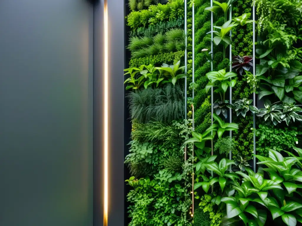 Un jardín vertical moderno con sistema de riego integrado, exudando elegancia y tecnología