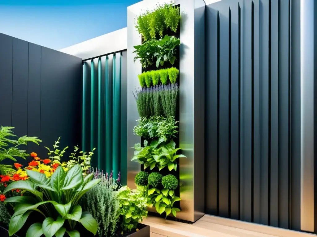 Un jardín vertical moderno con sistemas de riego inteligente para huertos verticales, destacando una exuberante variedad de vegetación vibrante