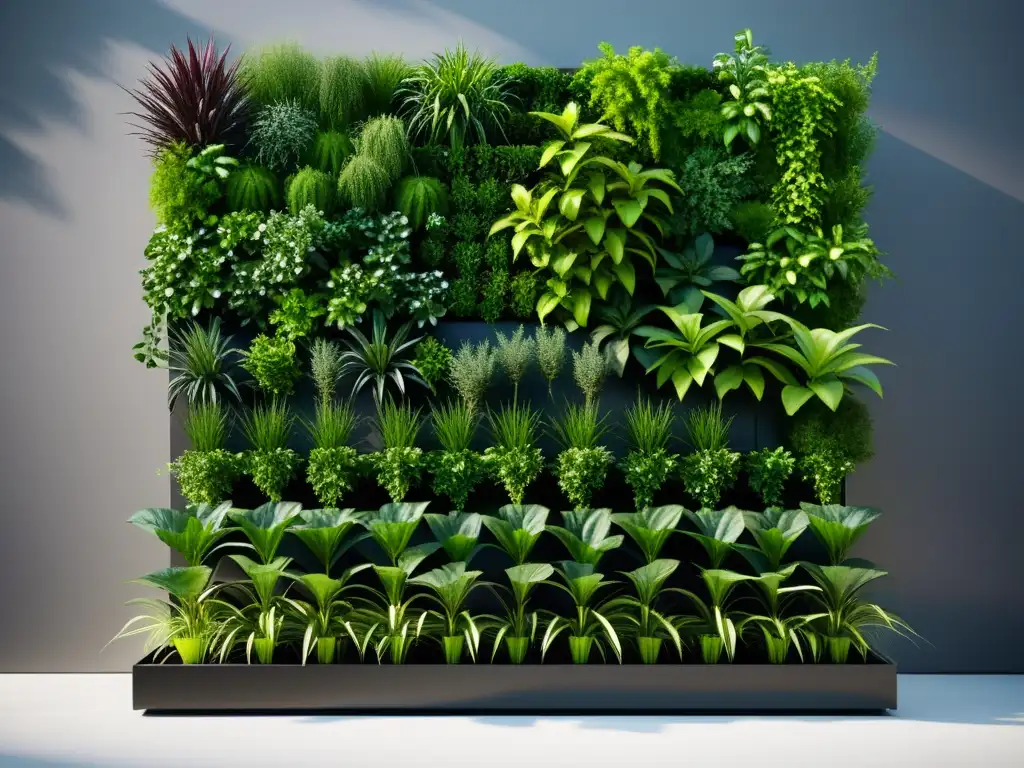 Un jardín vertical moderno con un sofisticado sistema de riego automatizado en acción