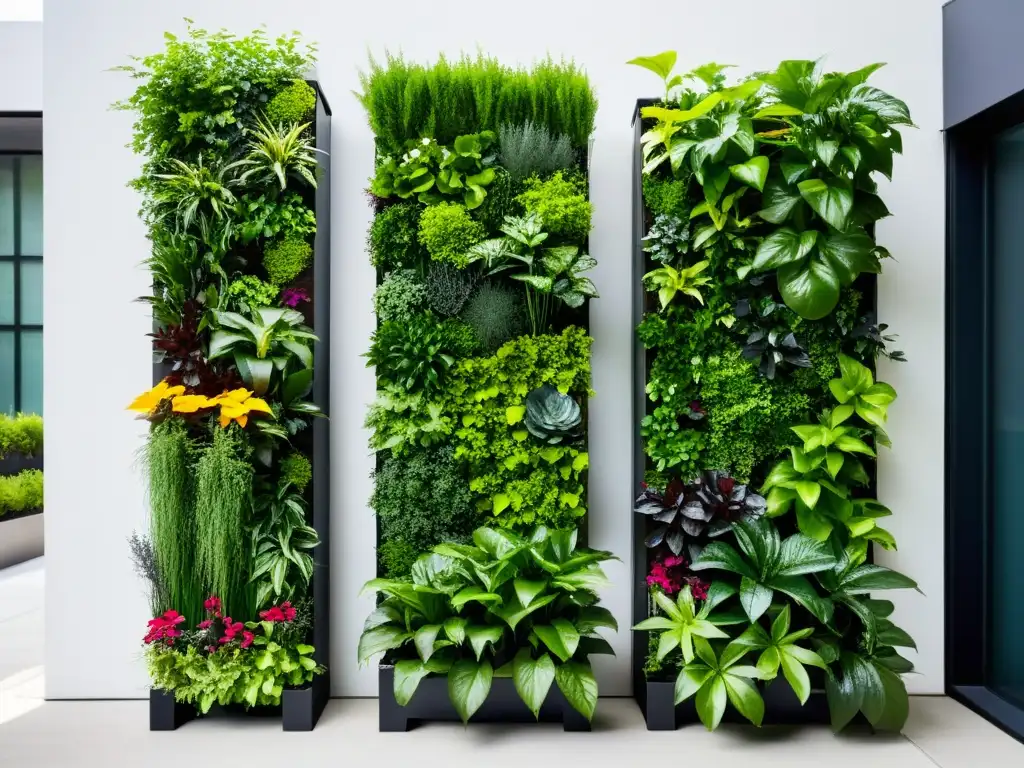 Un jardín vertical moderno y sorprendente con plantas exuberantes en una pared blanca