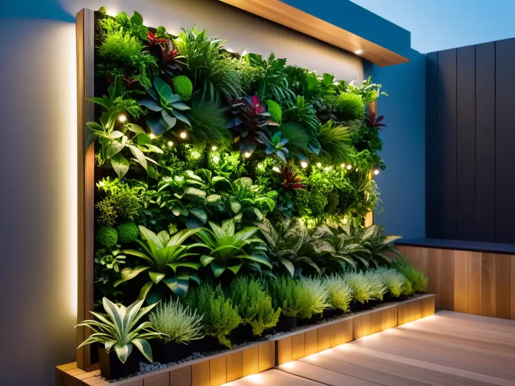 Un jardín vertical moderno y sostenible con exuberante vegetación bajo la luz de LED solar