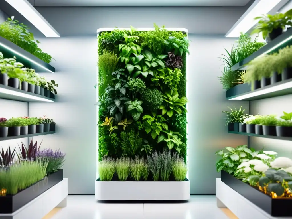 Un jardín vertical moderno con tecnología de manejo del clima, lleno de exuberante vegetación