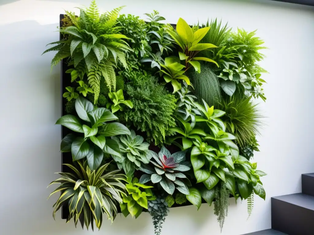 Un jardín vertical moderno con una variedad de exuberantes plantas verdes, organizadas en un diseño elegante y compacto