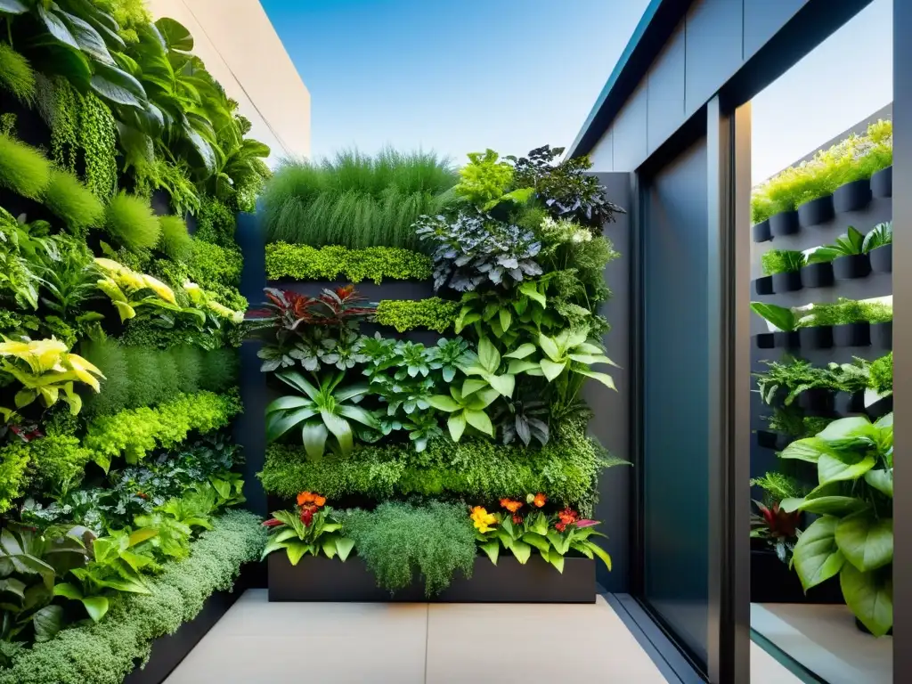 Un jardín vertical moderno con una variedad de exuberantes plantas verdes, destacando la innovación de huertos verticales para agricultura urbana