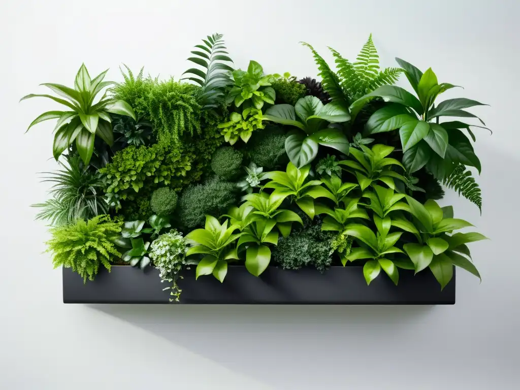 Un jardín vertical moderno con una variedad de exuberantes plantas verdes creciendo en un elegante y minimalista contenedor