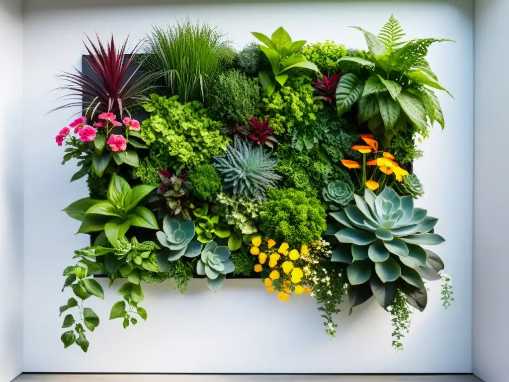 Un jardín vertical moderno con una variedad de exuberantes plantas verdes y flores coloridas, formando un patrón geométrico en una pared blanca